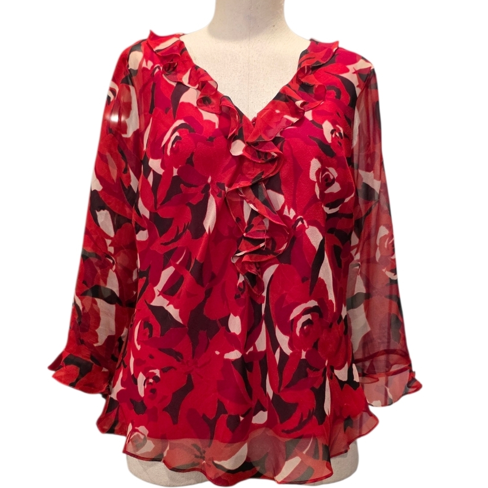 ECI NEW YORK 100% Silk Red Floral Blouse with Ruffle Accents